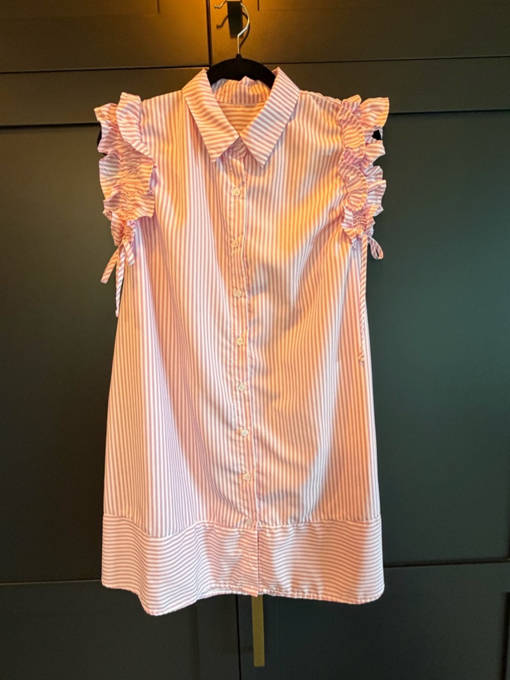 Girls Pink Stripe Ruffle-Sleeve Shirt Dress